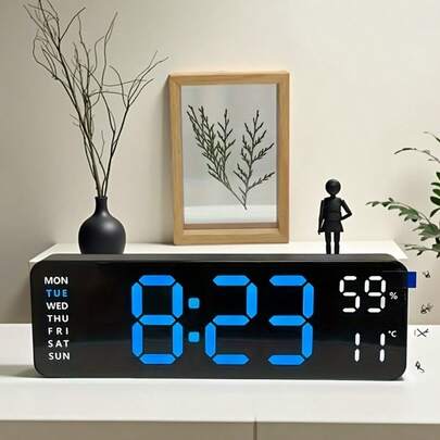 1pc Minimalist Large Screen LED Wall Mounted/Freestanding Multi-Function Silent Living Room Clock Displaying Time, Date, Temperature, Humidity With Large Font