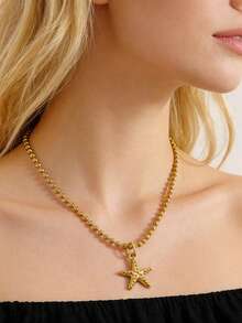 1件不锈钢不对称海星吊坠项链，适合女士日常、度假或休闲佩戴 - 金黃色 - 查看 10