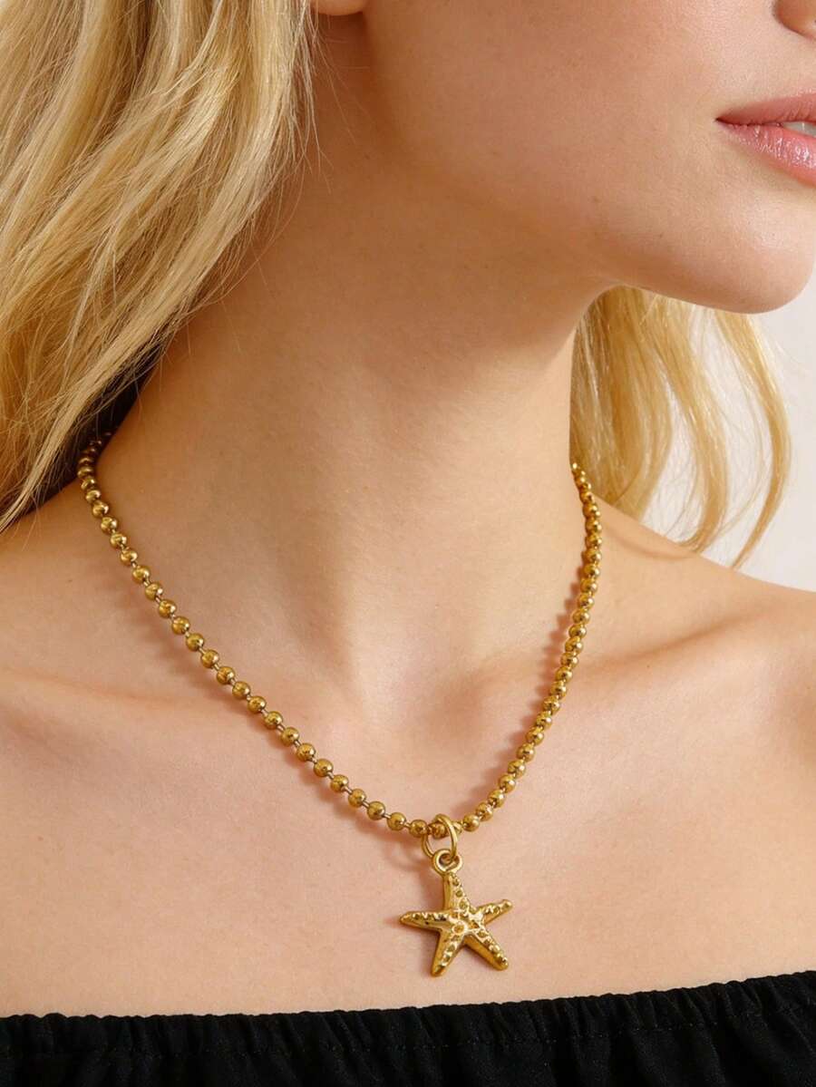1件不锈钢不对称海星吊坠项链，适合女士日常、度假或休闲佩戴 - 金黃色 - 查看 1