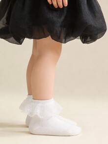 3 Pairs Girls' Soft & Comfortable 100% Cotton Breathable Lace Princess Style Socks - White - View 5