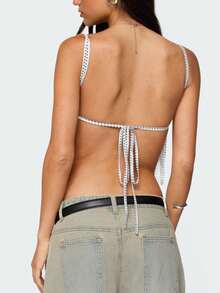 Women Tie Front Split Cami Tank Top Y2K Dots Print Lace Trim Spaghetti Strap V Neck Slim Fit Camisole Crop Tops Sexy Backless Sleeveless Low Cut Vests Shirts Summer Going Out Tops Streetwear - 白色 - 查看 2