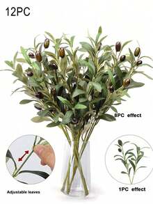 12/6/3/1 件装人造橄榄枝带果实，绿色橄榄叶植物茎蔓，仿真花瓶植物，绿色橄榄叶植物茎房间装饰，春季家居办公室室内装饰，生日派对婚礼家居节日装饰 - 綠色 - 查看 16
