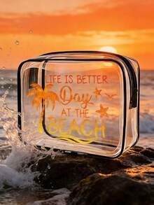 Ombre Shiny Beach Palm Tree Print PVC Cosmetic Bag, Zippered Sealed PVC Travel Organizer Pouch - Lightweight Fade-Resistant Ladies Makeup & Toiletry Bag, Portable Cosmetic Case, Easy-Wipe Design, Personalized Gift Bag - Multicolor - View 3