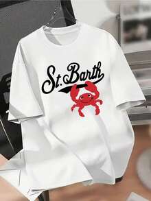 Women'S St. Barth Island Cartoon Print T-Shirt - Women's Simple And Personalized Pure Cotton Printed T-Shirt, Suitable For Gatherings And Daily Wear, The Perfect Gift For Friends And Family, Locally Delivered - 白色 - 查看 1
