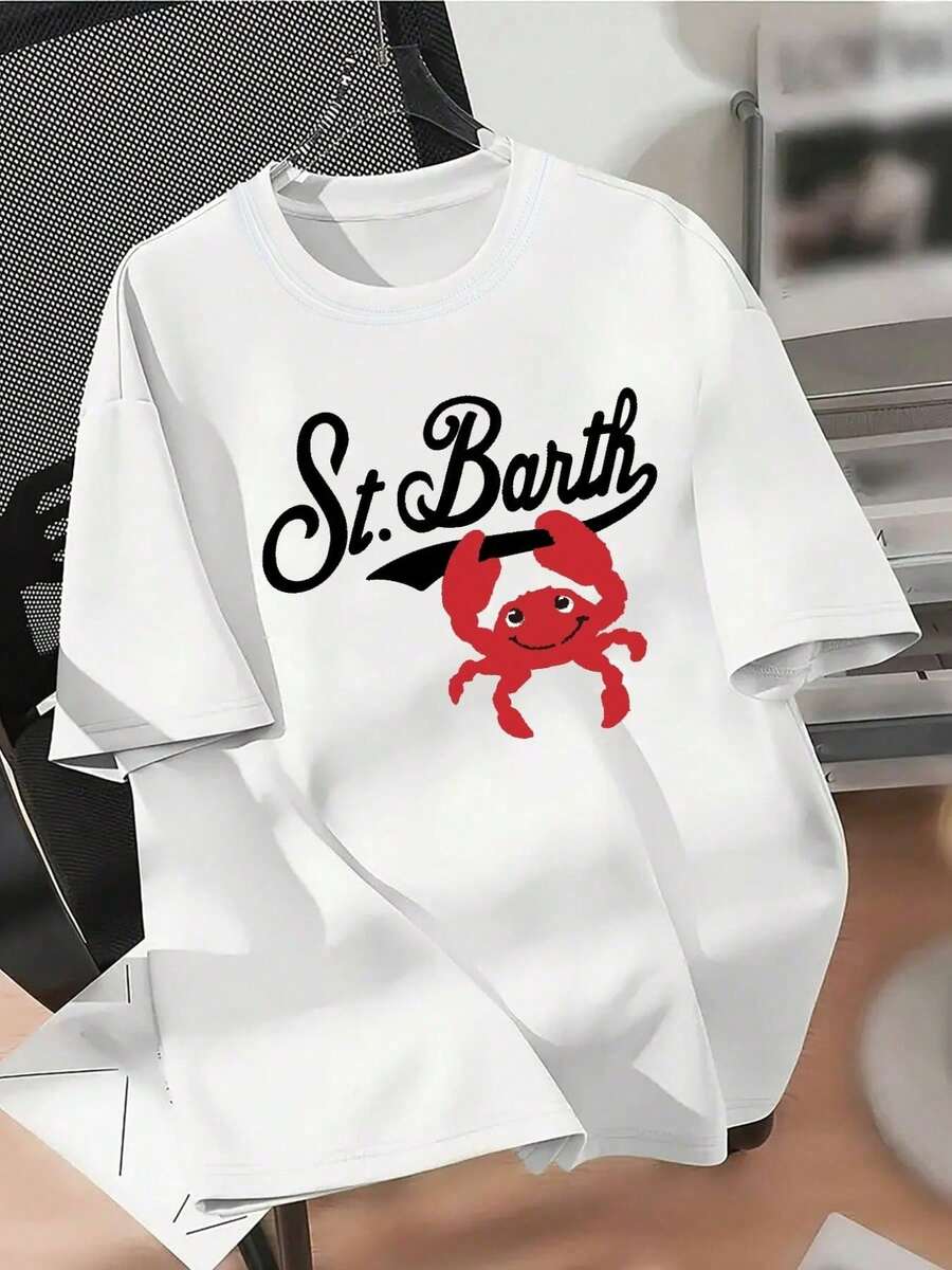 Women'S St. Barth Island Cartoon Print T-Shirt - Women's Simple And Personalized Pure Cotton Printed T-Shirt, Suitable For Gatherings And Daily Wear, The Perfect Gift For Friends And Family, Locally Delivered - 白色 - 查看 1