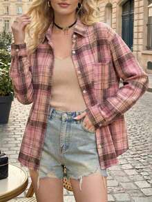 YUXIN Pink Plaid Women Long Sleeve Loose Casual Shirt Top With Pockets, Spring/Summer - Pink - View 2