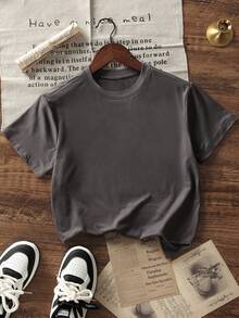 男童休闲印花圆领短袖T恤，夏季上衣 - 深灰色 - 查看 4