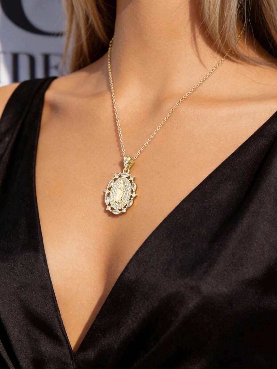 Mặt dây chuyền hình bầu dục bằng đồng, đính đá nhỏ lấp lánh, thích hợp cho đám cưới, tiệc tùng, đeo hàng ngày, cầu nguyện, tụ họp, unisex. - Vàng - Xem 1