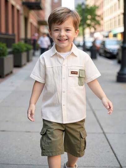 Áo sơ mi ngắn tay có túi, phối màu, chất liệu cotton dành cho bé trai và trẻ em, kiểu dáng thời trang thường ngày, phù hợp cho mùa tựu trường, tiệc sinh nhật, sự kiện trang trọng, biểu diễn, đám cưới, kỳ nghỉ, hoạt động ngoài trời, mùa xuân/hè.