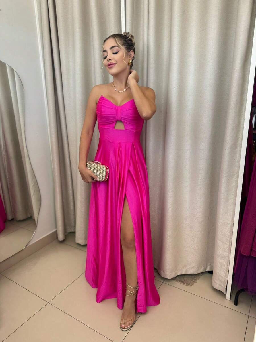 Women's Long Butterfly Dress, Strapless, Trilobal Fabric With Built-In Bra Cups | Party, Bridesmaid, Wedding, Graduation, Debutante | Adjustable Back, Sexy And Elegant, Party, Cutout/Cut, Asymmetrical Knot, Formal And Evening - 玫紅色 - 查看 1