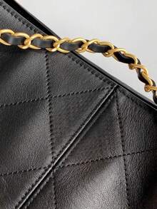 Jet Black Quilted Leather Tote Bag With Gold Chain Strap, Large Capacity Designer-Inspired Work Bag For Women, Versatile Shoulder & Crossbody Bag, Spacious Laptop Handbag - 黑色 - 查看 5