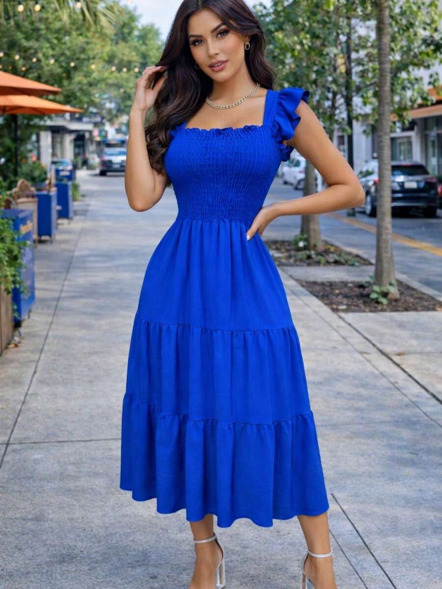 Vestido largo con olan en el tirante -tela ligera - azul real - Ver 1