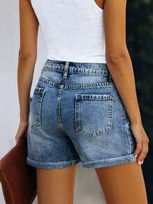 Women's Solid Color Casual Vacation Denim Shorts, With Practical Zipper And Pockets, Rolled Hem, Straight Leg Summer - Light Wash - View 4