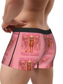 BIIHUDU Men's Boxer Briefs With Playful Tung Tung Sahur Italian Brainrot Graphic Print - Mid-Stretch Comfort Fit, Vibrant Pink Novelty Underwear For Casual Wear, Whimsical Design, Durable Construction, Leisure Wear, Fun Undergarments, Soft Material, Stylish Undergarments, Young Adults - 彩色 - 查看 3