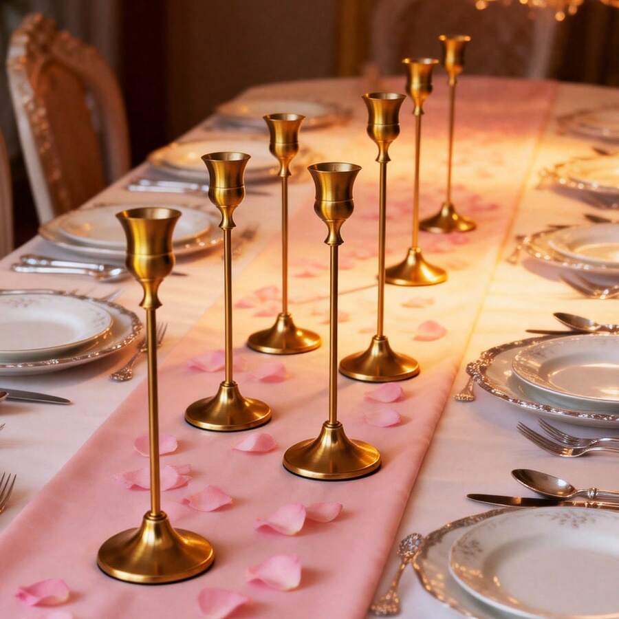 6pcs Gold Metal Tapered Candle Holders, Decorative Candle Holders Suitable For Weddings, Restaurants, Parties - Antique Brass, Fireplace Decor Pillar Candle Holders, Suitable For Weddings, Home Decor, Holiday Parties, Festive Home Decoration - Multicolor - View 1