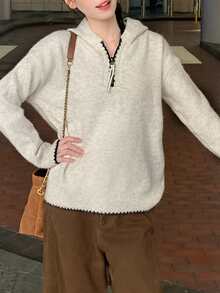 Stylish Half-Zip Hooded Knit Sweatshirt For Women, Loose & Soft Pullover Sweatshirt Top, Autumn/Winter - Oatmeal - View 7