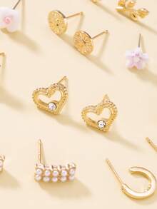 30对优雅简约金属仿珍珠花朵、心形、蝴蝶结耳钉套装，女士礼物 - 彩色 - 查看 4