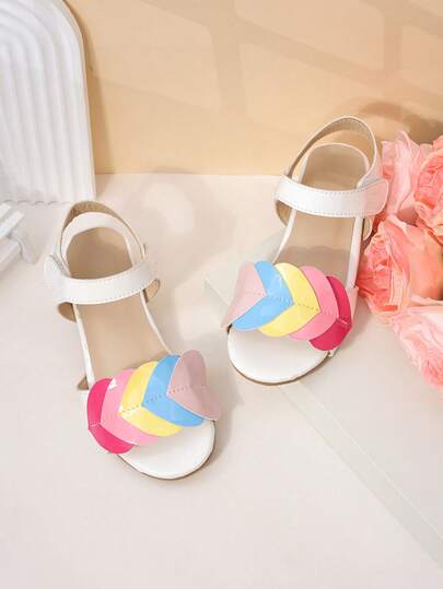 1 Pair Girls' Rainbow Color Block Striped + Shell Decor Open Toe Sandals, Shiny Faux Leather Material, Breathable Non-Slip Comfortable, Adjustable Ankle Strap Low Chunky Heel, Sweet Princess Style, Suitable For Children's Party Performance/Summer Formal Occasions