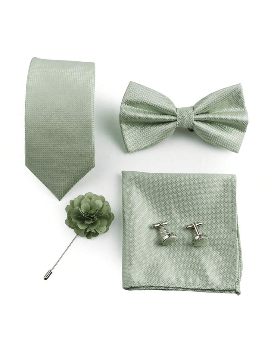 ZONFAZ 5件套男士商务时尚格子领带、领结、口袋巾、袖扣、胸针西装配饰套装，适合婚礼、庆典和日常穿着。 - 薄荷綠 - 查看 1