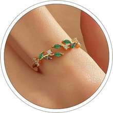 Dainty Rings Open Adjustable Ring Leaf Ring Women Dainty Stackable Rings Women - Green - View 2