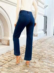 Women's Wide-Leg Pants High Waist Stretch Straight Jeans Loose Denim Trousers With Pockets Suitable For All Seasons. - 藍色 - 查看 4