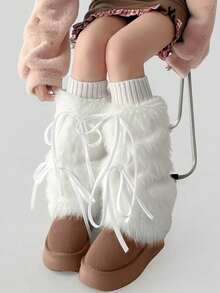 Cute Fluffy Leg Warmers - Y2K White Fluffy Leg Warmers With Satin Bow, Soft Knitted Cuffs, Warm For Winter, Suitable For Daily Wear, Cosplay Parties, And Street Fashion - Multicolor - View 7