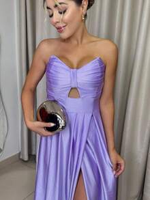 Women's Long Butterfly Dress, Strapless, Trilobal Fabric With Built-In Bra Cups | Party, Bridesmaid, Wedding, Graduation, Debutante | Adjustable Back, Sexy, Elegant, Party, Cutout/Cut, Asymmetrical Knot, Formal And Evening - 紫丁香色 - 查看 2
