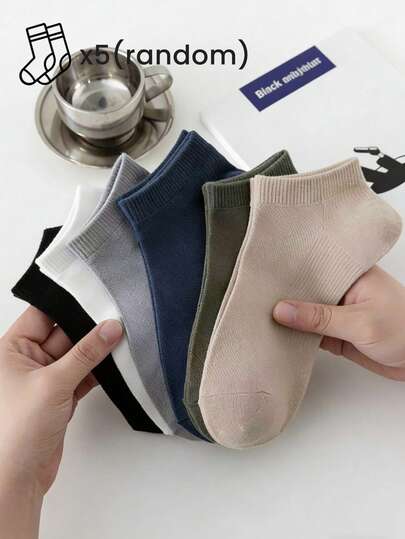 5 Pairs Men's Solid Color Minimalist Striped Mesh Hollow Out Fashion Versatile Casual Business Breathable Sweat-Absorbing Short Socks, Spring/Autumn
