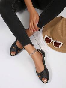 Women's 2026 Spring/Summer New Fashion Open Toe Slip-On Flat Comfortable Soft Bottom Sandals, Black Versatile Casual Mom Shoes, Daily Commute Work Flats, Outdoor Dance Shoes - Black - View 4