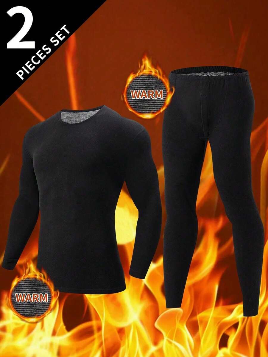 2pcs/Set Men's Fashion Autumn Thermal Underwear Set, Includes Pullover And Long Pants, Fall / Winter - Black - View 1