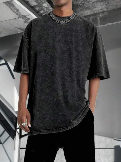 Men's Casual Solid Color Washed Short Sleeve T-Shirt Set, Spring/Summer