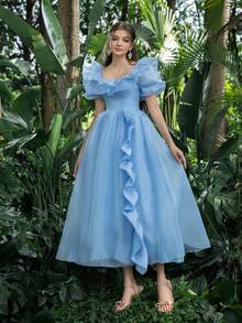 Faeriesty Elegant Prom Dresses Charming Ruffle Trim Square Collar Puff Sleeves Organza Homecoming Party Dress Ideal For Back To School, Holiday Gathering, Evening Dance & Cocktail Events - Baby Blue - View 7