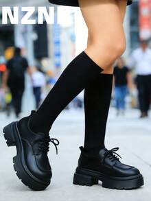 NZNF 1双纯色学院风休闲PU皮系带乐福鞋，棕色，厚底，适合所有季节 - 黑色 - 查看 4