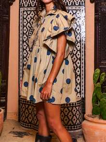 Women's Summer Mini Dress Casual Loose Fit Dot Print Half Button Up Collared Ruffled Sleeve Dress - Khaki - View 3