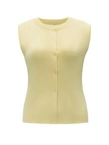 Cardigan tricotat fără mâneci și nasturi, de vară, de culoare galben unt, Live To Mo, stil elegant și casual, ideal pentru naveta la birou și ieșiri în oraș - Galben - Vizualizare 3