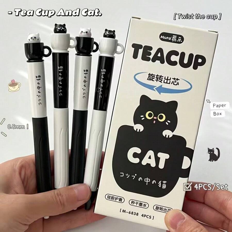 Bộ 4 bút bi hình mèo tách trà, bút bi xoắn hình tách trà sáng tạo, ngòi 0.5mm, mực đen, khô nhanh, dùng cho học sinh, ôn tập, thi cử, đồ dùng văn phòng phẩm.