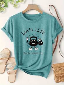 Tops Women's Fitness Motivational Kettlebell Cartoon Letter Print One-Piece Summer Lightweight Short Sleeve Cute T-Shirt Simple Elegant Casual Versatile Korean Style Top Vacation Beach Holiday Sports Women's Clothing   Loose And Comfortable Summer - 孔雀藍 - 查看 1