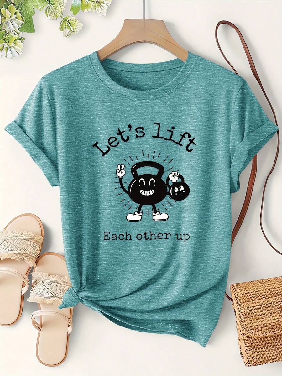 Tops Women's Fitness Motivational Kettlebell Cartoon Letter Print One-Piece Summer Lightweight Short Sleeve Cute T-Shirt Simple Elegant Casual Versatile Korean Style Top Vacation Beach Holiday Sports Women's Clothing Loose And Comfortable Summer - 孔雀藍 - 查看 1