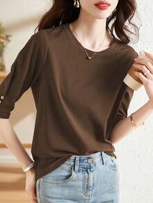 纽扣设计休闲中袖上衣，新款夏季时尚百搭圆领七分袖T恤，女士修身款 - 棕色 - 查看 2