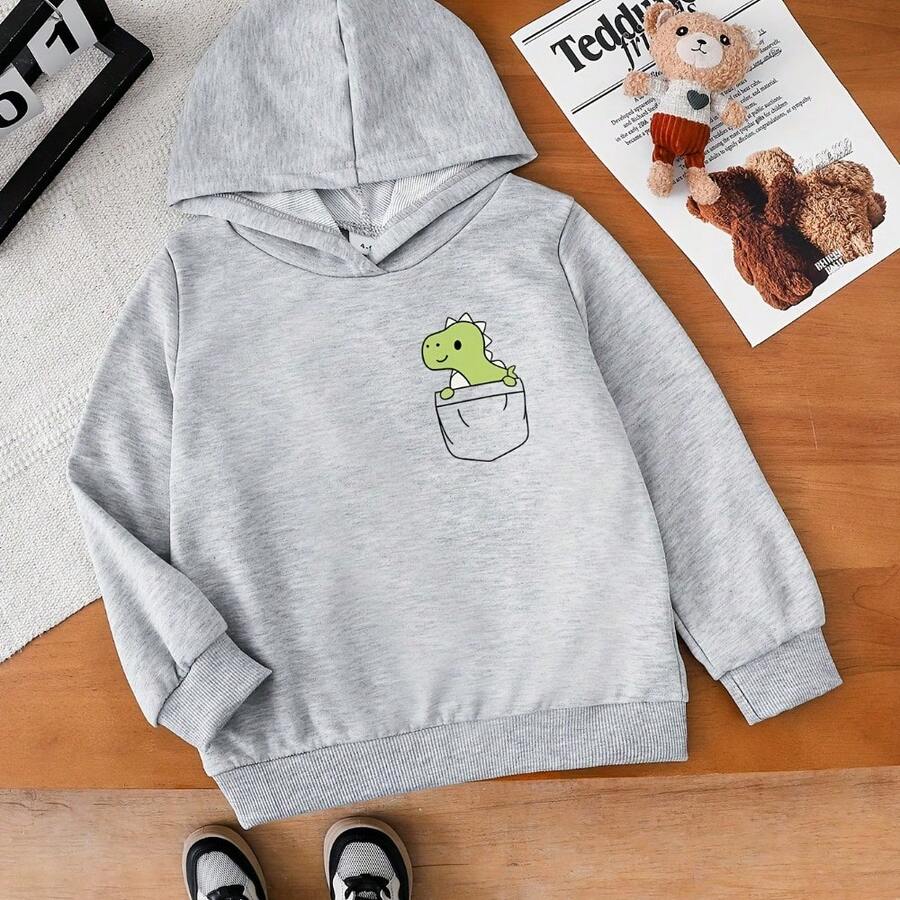 Creative And Modern Hooded Sweatshirt With Dinosaur Print For Baby Boys, Suitable For Daily School Wear, Outdoor Play, Family Gatherings And Other Occasions, A Comfortable And Casual Holiday Gift. - 灰色 - 查看 1