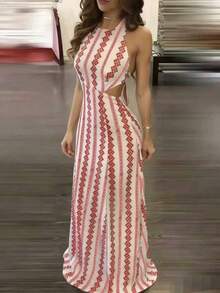 Đầm hai dây hở lưng in họa tiết hình học dành cho nữ, đầm dài dáng chữ A hở lưng khoét eo kiểu Bohemian, đầm vải dệt mùa hè dự tiệc thanh lịch - Đỏ - Xem 9