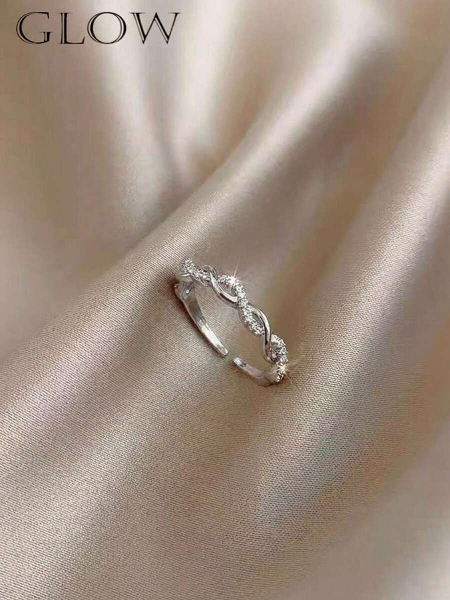 1pc Fashionable Elegant Luxury Copper Alloy Twisted Rhinestone Open Ring, Suitable For Young Girls Everyday And Holiday Wear - Silver - View 1