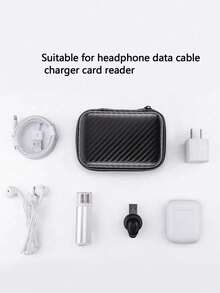 Estojo para fones de ouvido em EVA com padrão de fibra de carbono preta (1 unidade), organizador portátil para power bank, bolsa multifuncional para armazenamento de cabos. - Preto - Ver 5