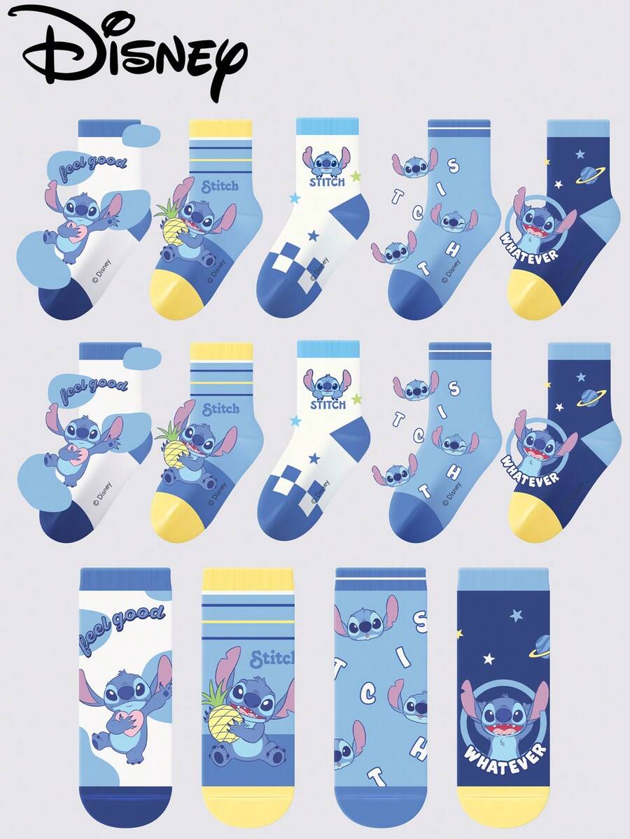 Disney 5 Pairs Stitch, Lilo & Cartoon Character Breathable Baby Socks, Suitable For Spring, Summer, Autumn, Winter, Suitable For School/Home Wear - Multicolor - View 1