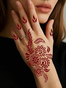 2张月亮星星点状临时纹身贴纸，适用于手脚，曼海蒂图案纹身模板，适合女性婚礼派对节日人体彩绘 - 黑色 - 查看 4