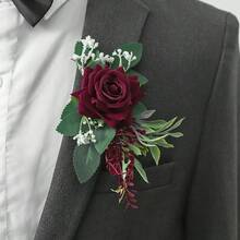 1pc/6pcs Burgundy Rose Flower With Faux Green Leaves, Romantic Boutonniere Suitable For Groom, Groomsmen, Bride, Bridesmaids, Wedding, Anniversary, Banquet - Burgundy - View 6
