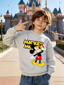 1pc Disney Mickey Mouse Confident Pose Graphic Tween Boys Classic Style Sweatshirt, Versatile & Easy To Clean, Perfect For School Days & After-School Hangouts - 灰色 - 查看 2