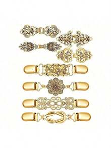 1pc Vintage Knit Shawl Brooch, Metal Collar Dress Cardigan Brooch, Floral Pattern Lapel Clip, Brooch Accessory - A - View 2