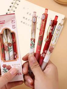 4支装 花朵造型可伸缩中性笔 0.5mm黑色墨水 中性笔 女士女孩可爱美观办公学习笔，办公学习用品 - 玫瑰 - 查看 7