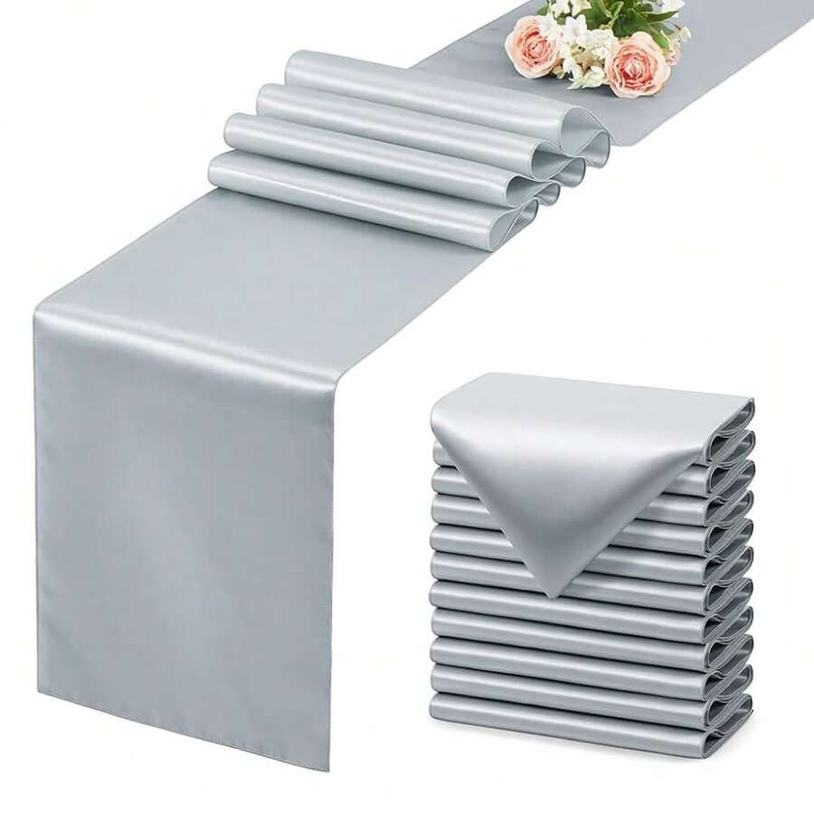 12 Pack Silver Table Runner 12x108 Inches Long, Satin Silk-Like Smooth Table Decor For Wedding Birthday Party - 銀 - 查看 1